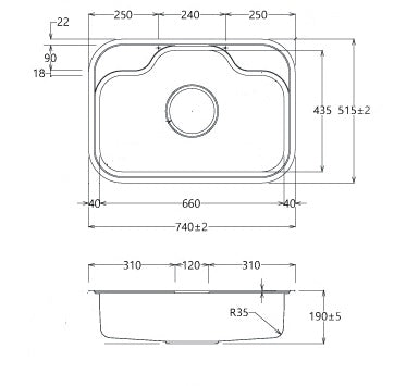 K-740 - Single-Bowl Stainless Steel Sink, Made-in-Korea